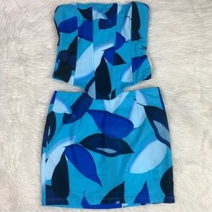 White Fox Count Me In Blue Leaf Print Bustier & Skirt Co-Ord Set